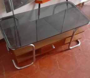 Tavolo basso da salotto, in ferro/vetro/e vero legno