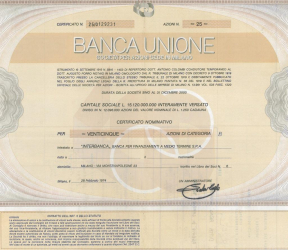 TITOLO AZIONARIO " BANCA UNIONE"  1974